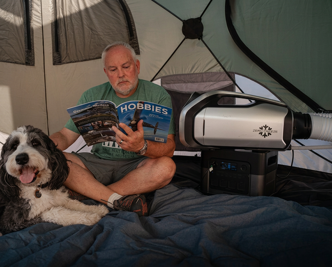 Man reading in a tent with a Zero Breeze Mark 3 and his dog